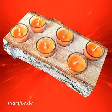 6 Stück Glas-Windlichter auf einer rustikalen Baumschwarte, orange, Art.-Nr. 12224