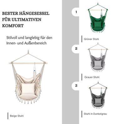 Hängesessel mit 2 Kissen - Bequemer Hängestuhl & Relax-Schaukel für Indoor & Out