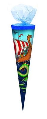 Schultüte / Zuckertüte / Länge: 35cm / rund / Tüllverschluss / "Wikinger"