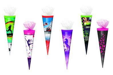 6x Schultüte / Zuckertüte / 35cm / rund / Tüllverschluss / 6 verschiedene Motive