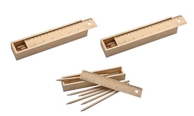 3x Holzbox mit 24 Buntstifte / Deckel mit Lineal / naturbelassen