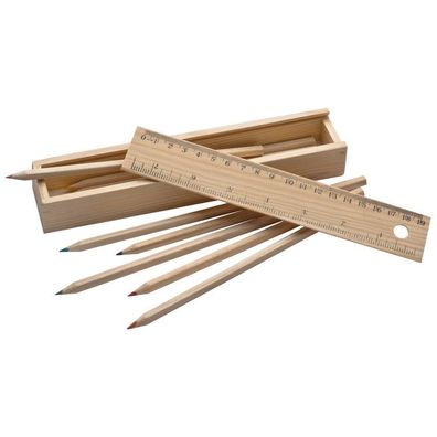 Holzbox mit 8 Buntstifte / Deckel mit Lineal / naturbelassen