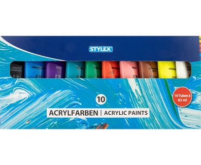 10 Flaschen Acrylfarbe / Set mit 10 Farben / 83ml je Tube / im Geschenkkarton