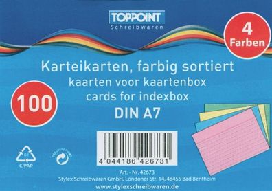 1000 Stylex Karteikarten DIN A7 liniert farbig