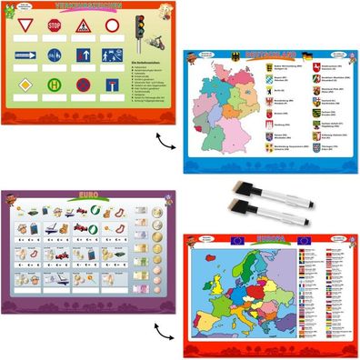 4tlg. Lerntafel-Set DIN A3 / 2 Lerntafeln + 2 Foilienschreiber / Landkarten