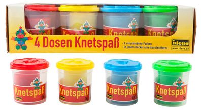 4 Dosen Kinderknete / Deckel mit Ausstechform / je 1x rot, blau, gelb, grün