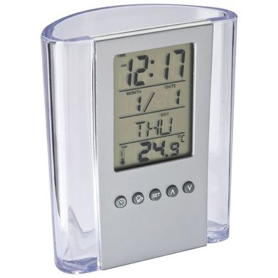 Acrylschreibtischköcher mit Uhr, Alarmfunktion, atum, ochentag, emperaturanzeige