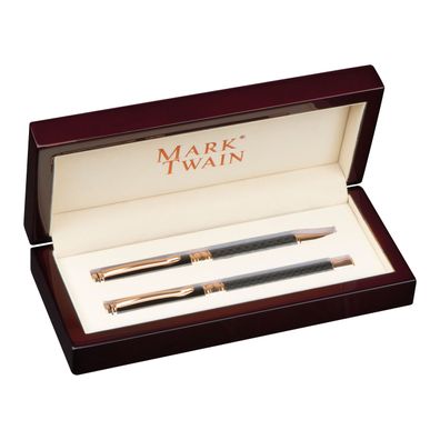 Schreibset "Mark Twain" in einem Holzetui / Kugelschreiber und Füllhalter