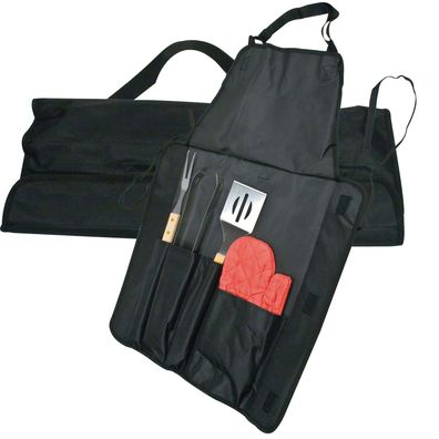 Grillschürze / mit Grillhandschuh, Gabel, Zange, Wender / aus Edelstahl