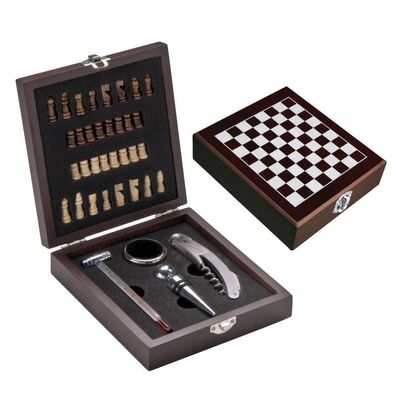 Edles Weinset in Holzbox mit Schachspiel, Kellnermesser, Weinthermometer
