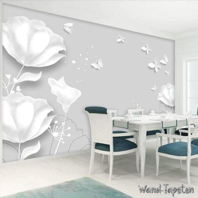 Vlies Fototapete Wandtapete Wandbilder 3D Effekt Weiße Blumen Tulpen 7156