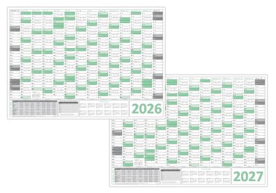Green Wandkalender / Wandplaner 2026 + 2027 gefaltet DIN A1 Format 594 x 841 mm