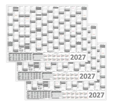 3x XXL Wandkalender Wandplaner 2027 grau (gerollt) DIN A0 Format (841 x 1189 mm)