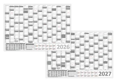 XXL Wandkalender Wandplaner 2026 + 2027 grau (gerollt) DIN A0 (841 x 1189 mm)