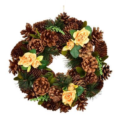 Tannenzapfenkranz mit gelben Rosen Ø30 cm