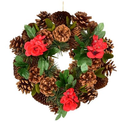 Tannenzapfenkranz mit roten Blumen Ø30 cm