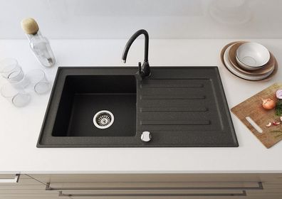 Spülbecken Granitspüle 76x44 Set mit auto Siphon Schwarz Spüle Einbauspüle Granit