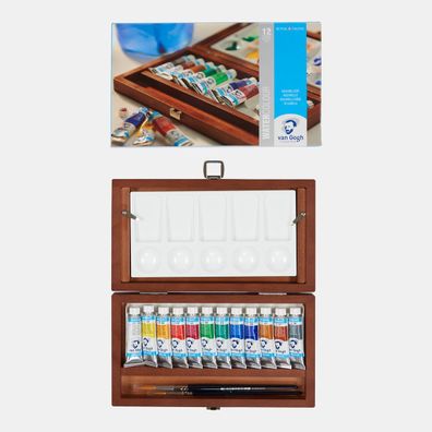 Van Gogh Aquarell-Set im Holzkasten mit 12 Farben in 10 ml-Tuben + 3 Teilen Zubehör
