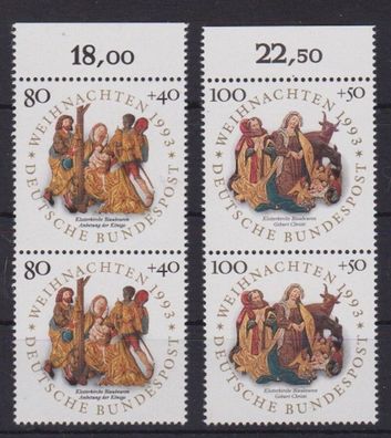 BRD 1993 postfrisch Weihnachten MiNr. 1707-1708 senkrechter Paar mit Ober-Rand