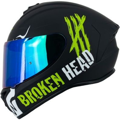 Broken Head Integralhelm Adrenalin Therapy 4X Schwarz-Weiß + Grün Verspiegeltes Visie