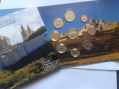 Original KMS 2025 Malta mit 2 euro 2024 Malta Mdina im Folder/ Blster