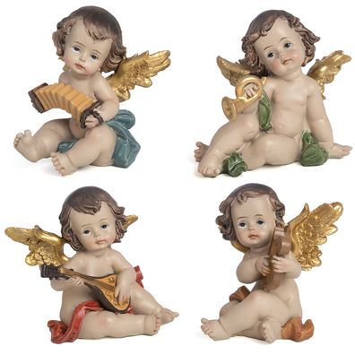 Engel Figuren 4er-Set aus Polyresin mit Musikinstrumenten - Deko-Engel mit Harfe