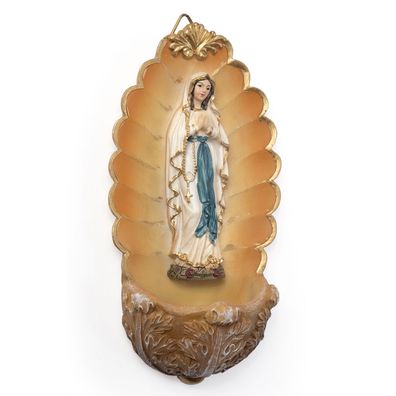 Madonna Figur mit Rosenkranz im Muschel-Weihwasserbecken zur Wandmontage - religiö