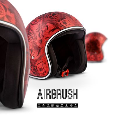 REBEL R3 SKULL RED - Jet-Helm Vespa Roller Motorrad-Helm BIKER Airbrush Rot XS-XL