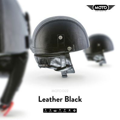 MOTO D22 Leather Black JET-HELM Roller Vespa Motorrad-Helm Retro Mofa Leder S-XXL