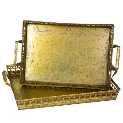 2er Set Dekotabletts aus Metall Antik Gold rechteckig mit Griffen - Serviertablett
