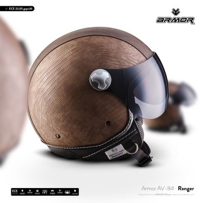 ARMOR AV-84 Ranger Jet-Helm Leder Braun Vespa Roller Visier Motorrad Spezial XS-XXL