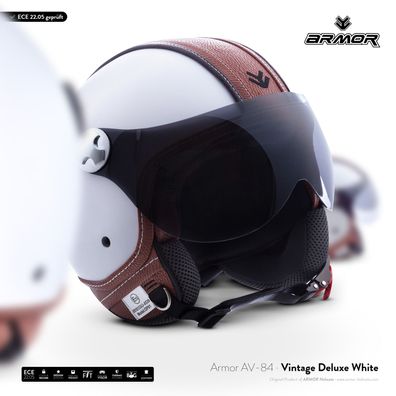 ARMOR AV-84 Vintage Deluxe White Jet-Helm Schwarz Vespa Roller Visier Motorrad XS-XXL