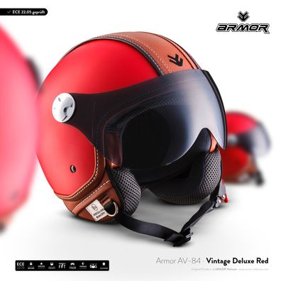 ARMOR AV-84 Vintage Deluxe Red Jet-Helm Rot Vespa Roller Visier Motorrad ECE XS-XXL