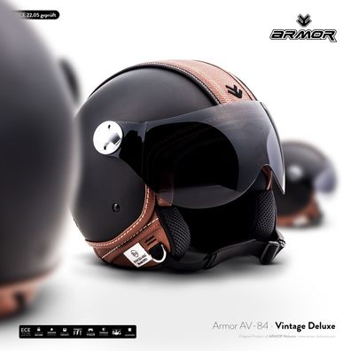 ARMOR AV-84 Vintage Deluxe Jet-Helm Schwarz Vespa Roller Visier Motorrad ECE XS-XXL