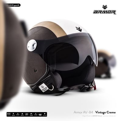 ARMOR AV-84 Vintage Creme Leder Jet-Helm Vespa Roller Visier Motorrad ECE XS-XXL