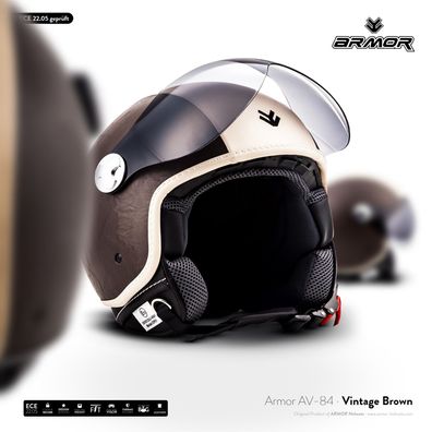 ARMOR AV-84 Vintage Brown Jet-Helm Leder Braun Vespa Roller Visier Motorrad XS-XXL