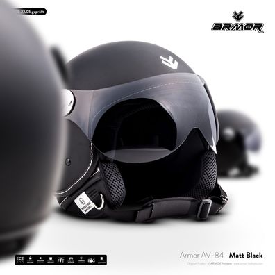 ARMOR AV-84 Matt Black Jet-Helm Schwarz Vespa Roller Visier Scooter Motorrad XS-XXL
