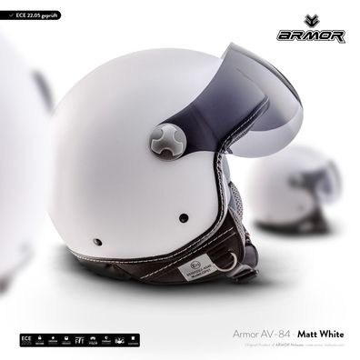 ARMOR AV-84 Matt White Jet-Helm Weiß Scooter ECE Vespa Roller Visier Motorrad XS-XXL