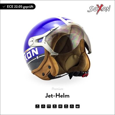 SOXON SP-325 PLUS Blue - Jet-Helm Motorradhelm Roller Scooter Visier blau ECE XS-XL