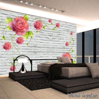 Vlies Fototapete Wandtapete Wandbilder 3D Weisse Backsteinmauer Blumen 1634
