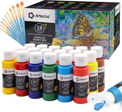 Artecho - Künstlerset - 18x59ml Acrylfarben mit 10 Pinseln