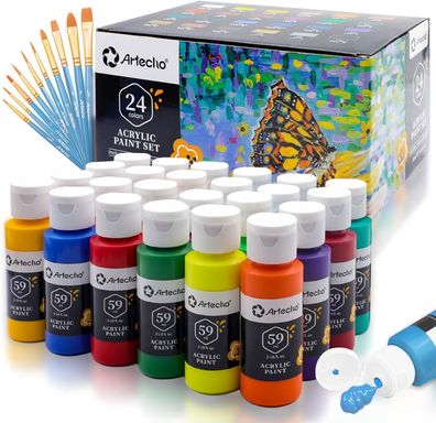 Artecho - Künstlerset - 24x59ml Acrylfarben mit 10 Pinseln