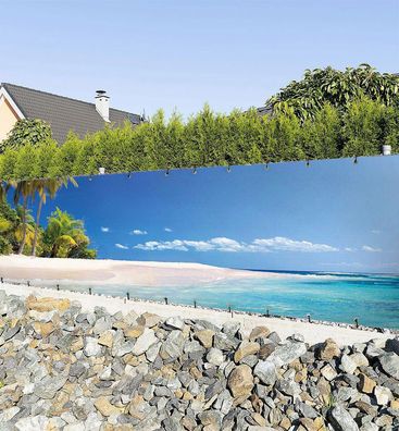 Zaunbanner Urlaubsort mit Palmen und Strand Sichtschutz Garten Zaun