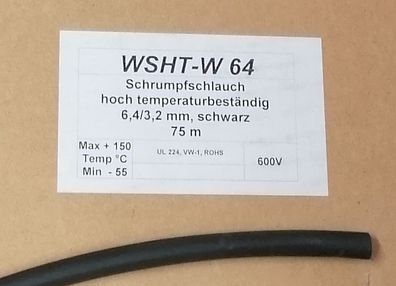 Woer WSHT-W64 Schrumpfschlauch 6,4/3,2mm 2:1 hoch Temperatur beständig schwarz 600V