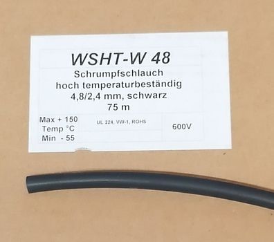 Woer WSHT-W48 Schrumpfschlauch 4,8/2,4mm 2:1 hoch Temperatur beständig schwarz 600V