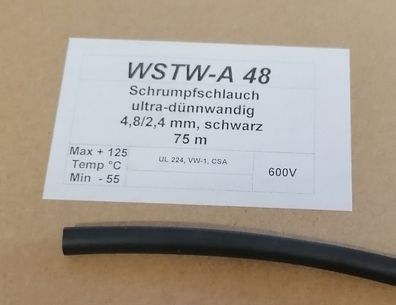 2 Stk Hongshang WSTW-A48 Schrumpfschlauch 4,8/2,4mm 2:1 ultra dénnwandig schwarz 300V