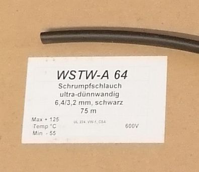 Hongshang WSTW-A64 Schrumpfschlauch 6,4/3,2mm 2:1 ultra dénnwandig schwarz 300V