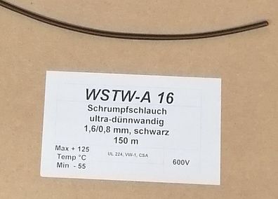 5 Stk Hongshang WSTW-A16 Schrumpfschlauch 1,6/0,8mm 2:1 ultra dénnwandig schwarz 300V