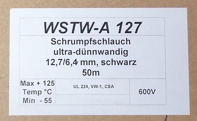 Hongshang WSTW-A127 Schrumpfschlauch 12,7/6,4mm 2:1 ultra dénnwandig schwarz 300V
