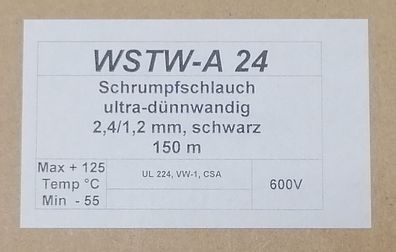 5 Stk Hongshang WSTW-A24 Schrumpfschlauch 2,4/1,2mm 2:1 ultra dénnwandig schwarz 300V
